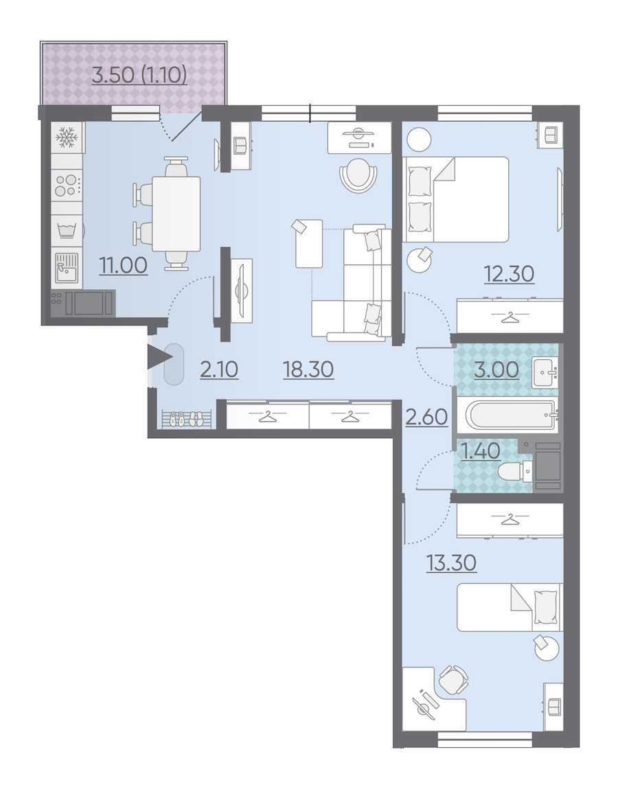 Трехкомнатная квартира в : площадь 65.1 м2 , этаж: 3 – купить в Санкт-Петербурге